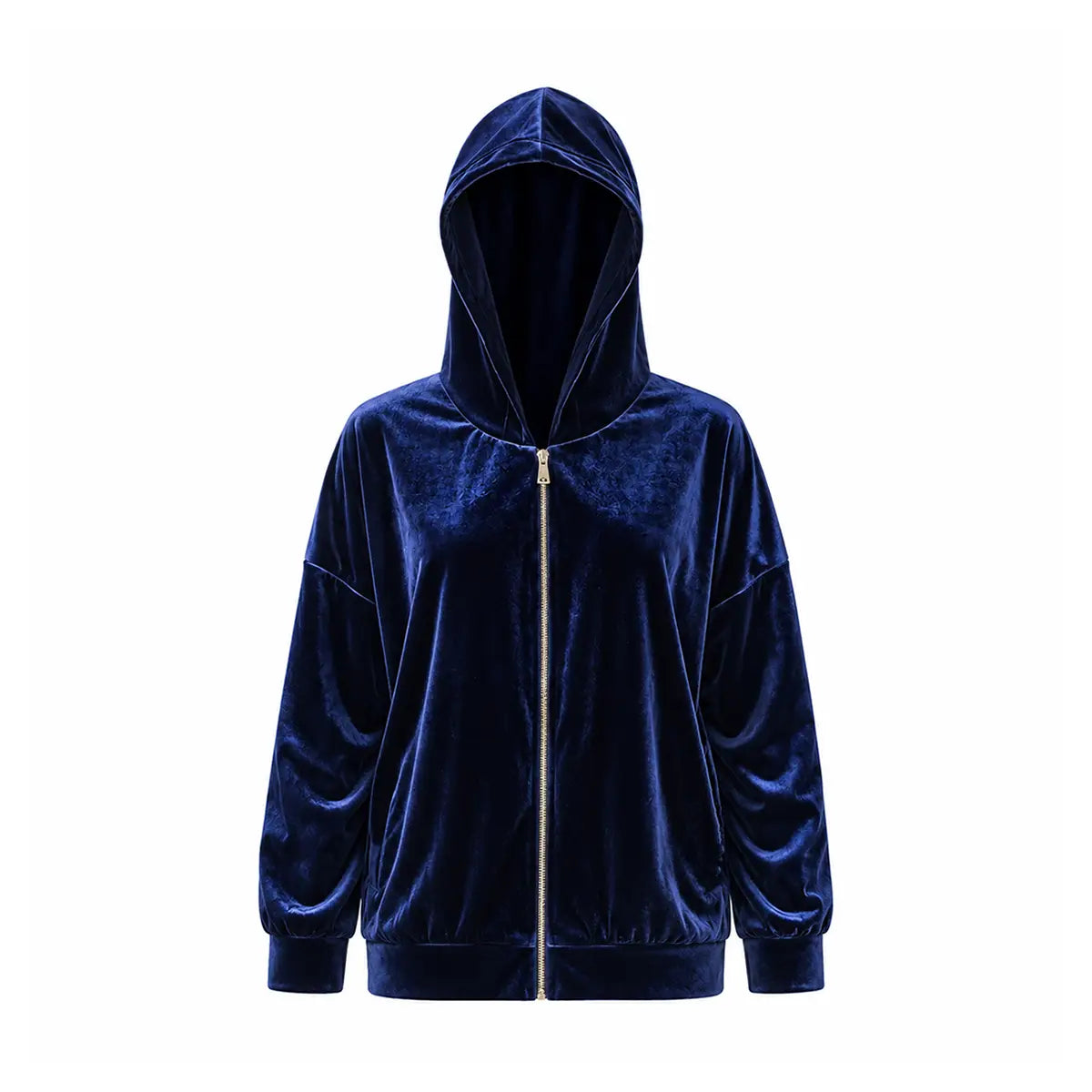 ADRIEN, felpa con cappuccio in ciniglia blu, zip frontale.