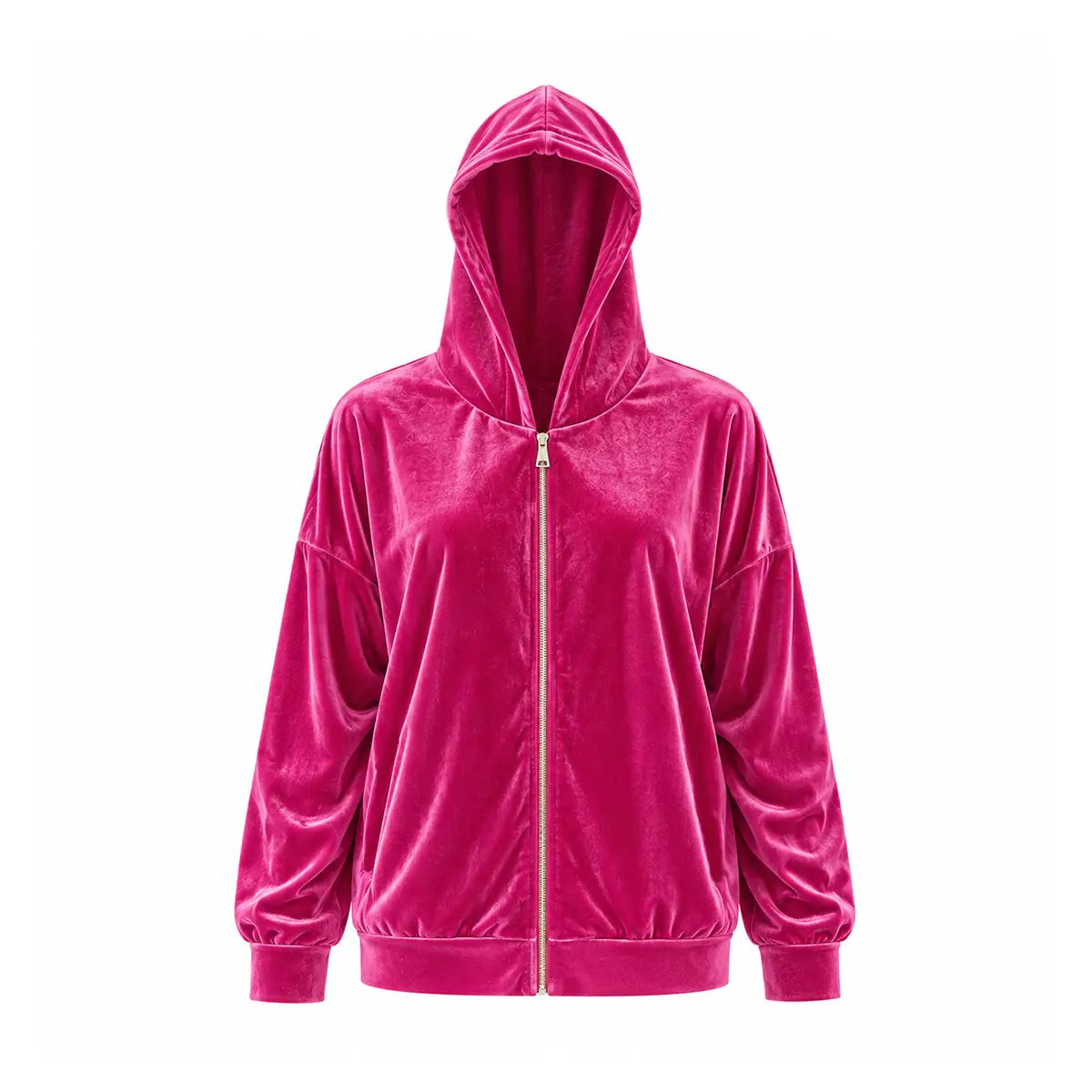 ADRIEN, felpa con cappuccio in ciniglia fucsia, zip frontale.