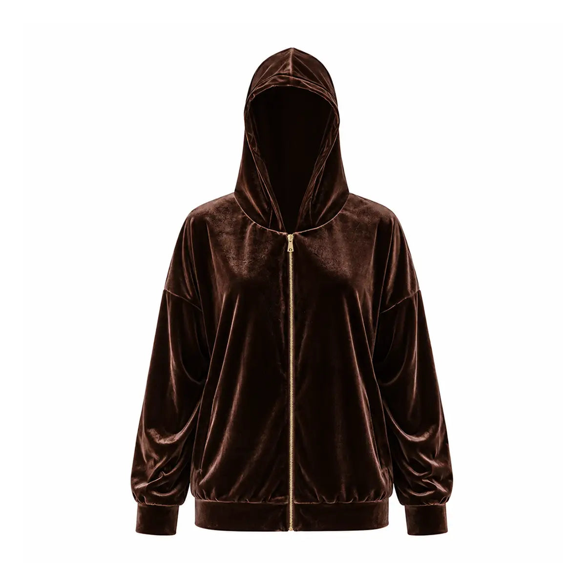 ADRIEN, felpa con cappuccio in ciniglia marrone, zip frontale.