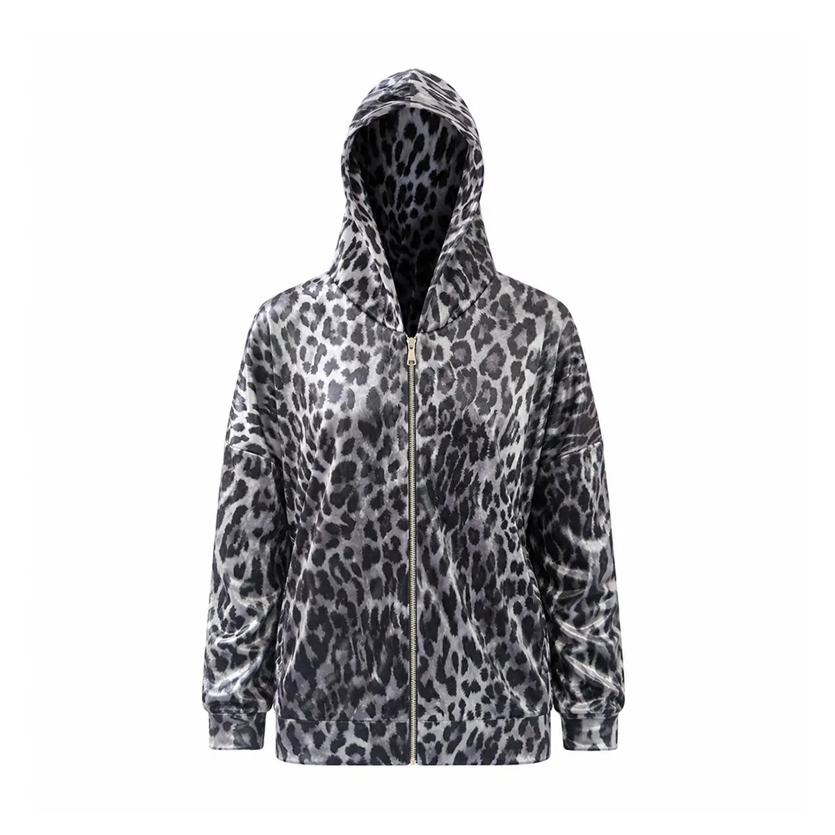 ADRIEN, felpa con cappuccio in ciniglia martellata animalier grigia, zip frontale.
