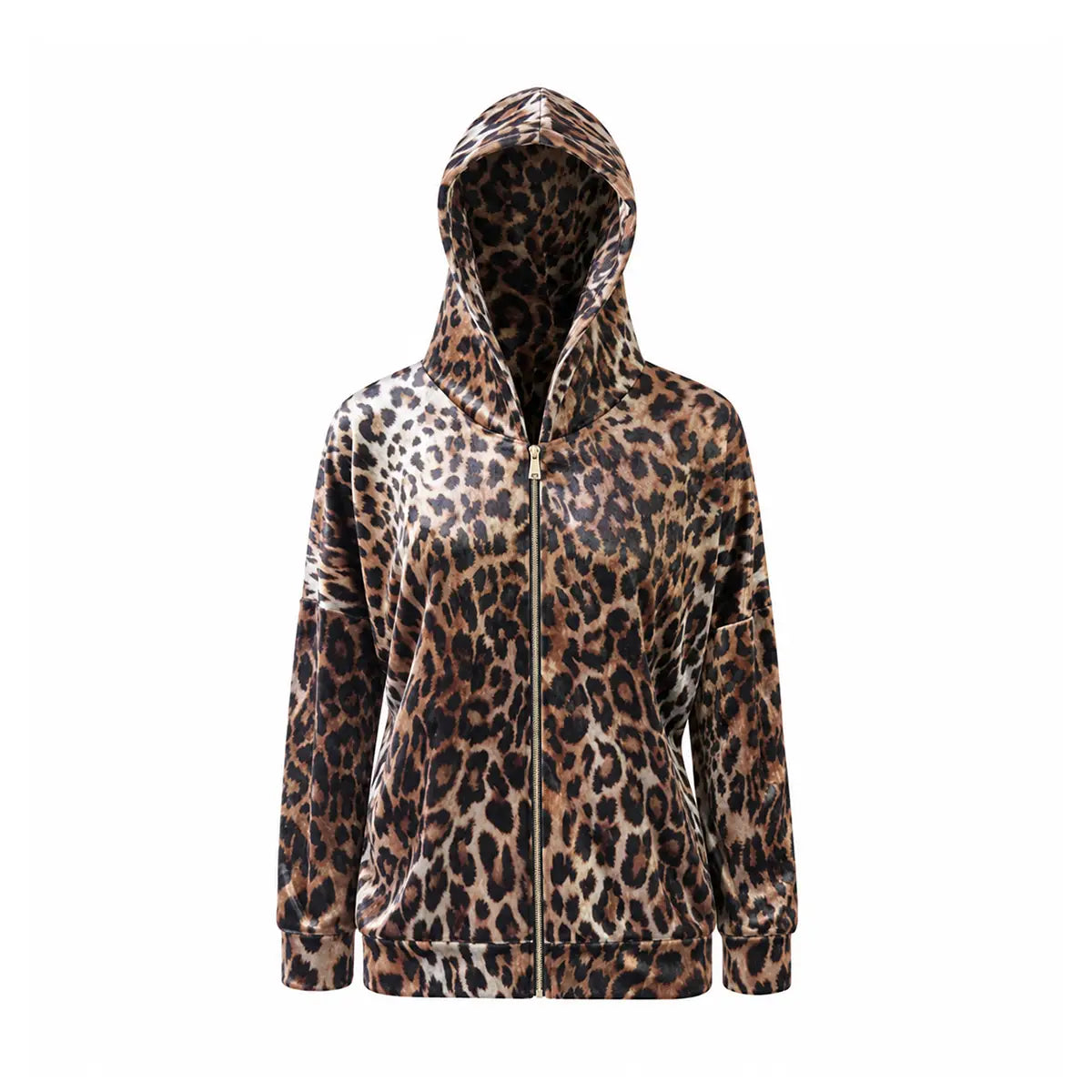 ADRIEN, felpa con cappuccio in ciniglia martellata animalier, zip frontale.