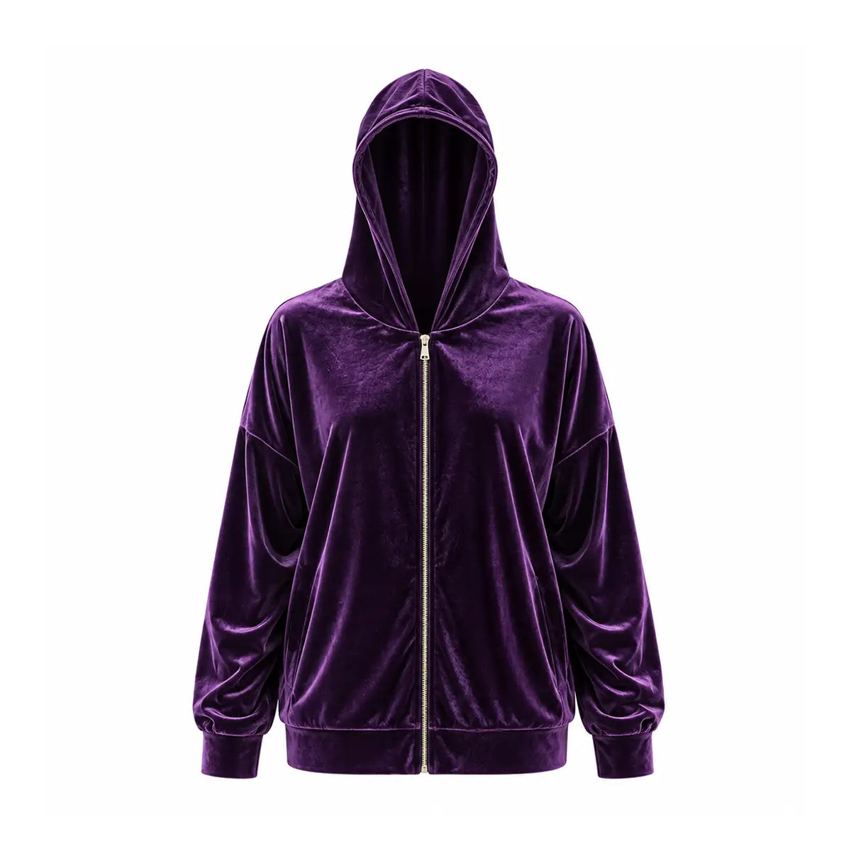 ADRIEN, felpa con cappuccio in ciniglia viola, zip frontale.