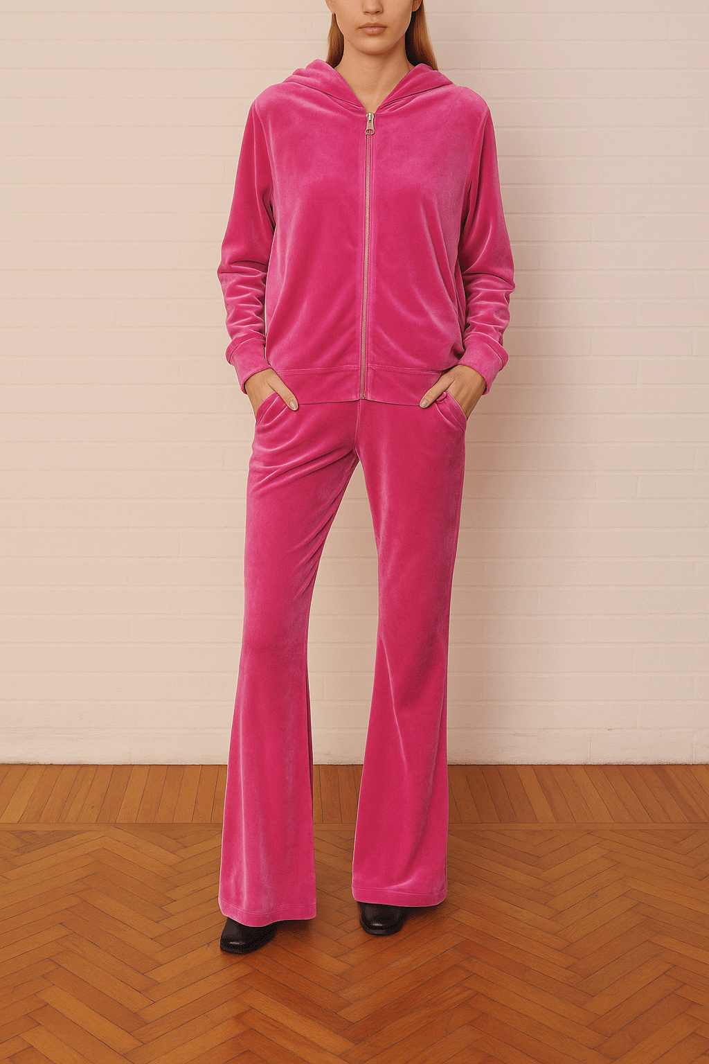 Felpa ADRIEN di Alessandra Gallo in ciniglia fucsia con cappuccio e chiusura zip - indossata frontale da modella, Day&Night Collection