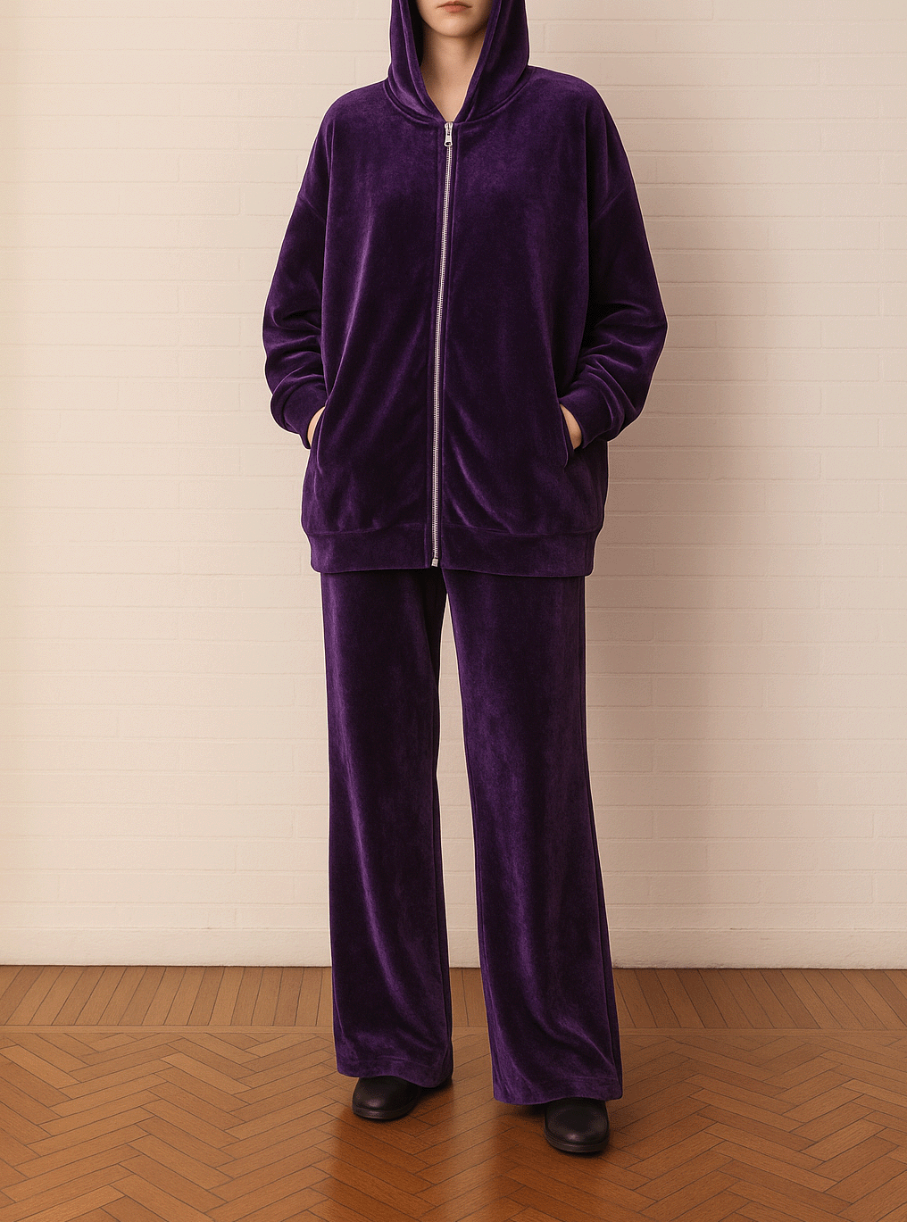 Felpa ADRIEN di Alessandra Gallo in ciniglia viola con cappuccio e chiusura con zip - indossata frontale da modella, Day&Night Collection