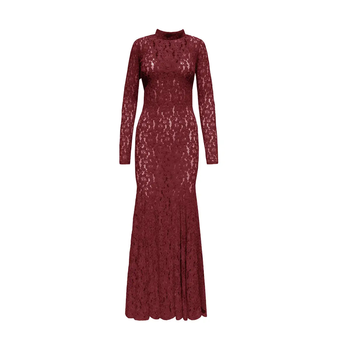 Abito lungo a sirena ALANA di Alessandra Gallo in pizzo bordeaux con collo alto e maniche lunghe- vista frontale -The Dreamy Collection