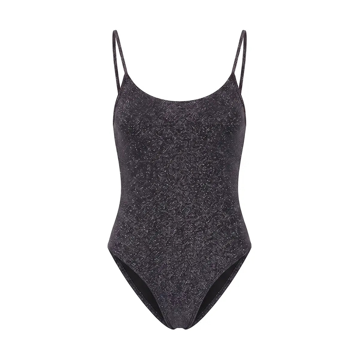 ALEX, body in lurex antracite con scollo rotondo e spalline sottili.