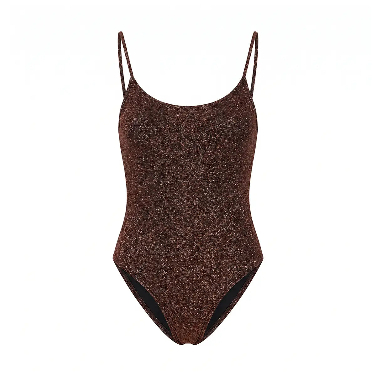 ALEX, body in lurex bronzo con scollo rotondo e spalline sottili.