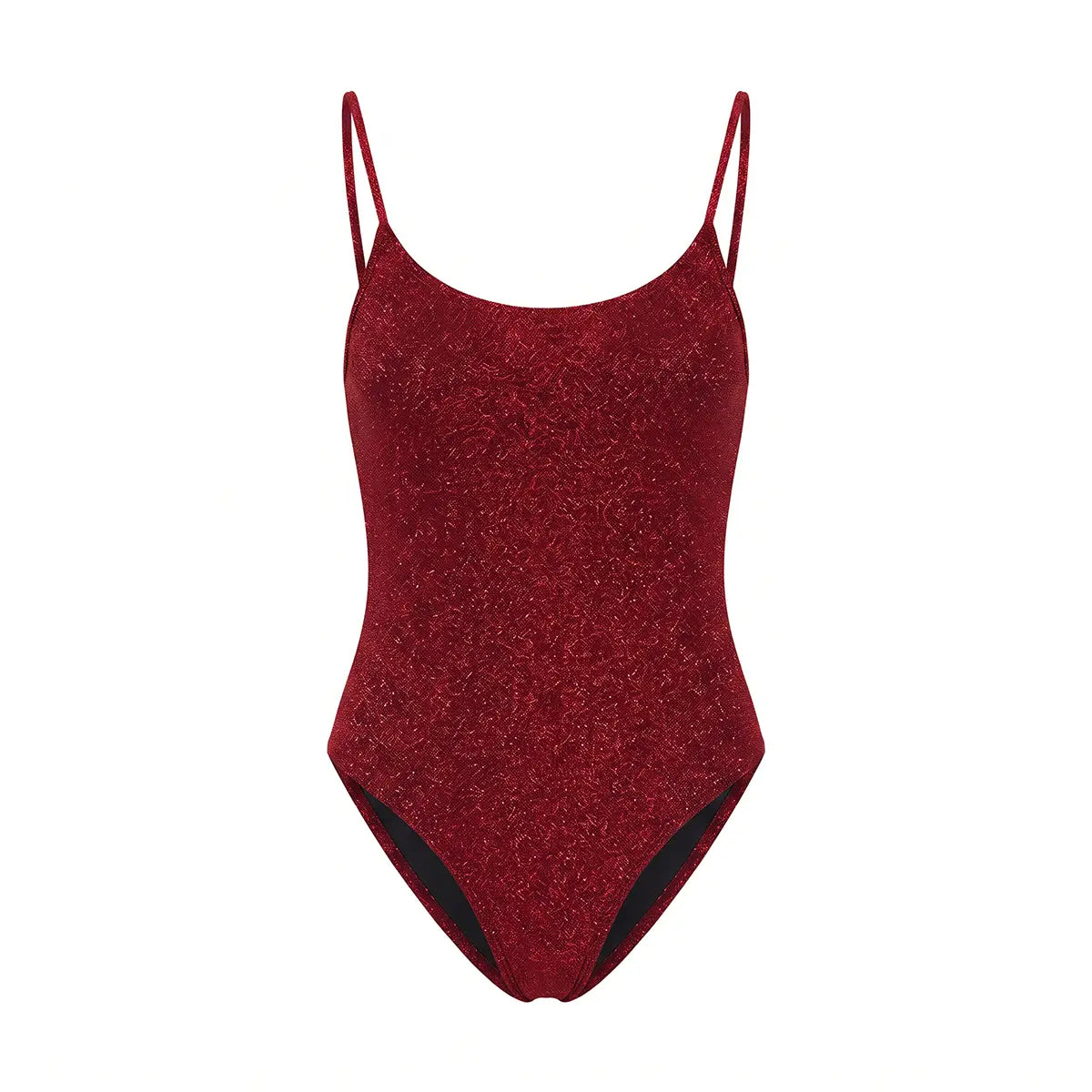 ALEX, body in lurex rosso con scollo rotondo e spalline sottili.