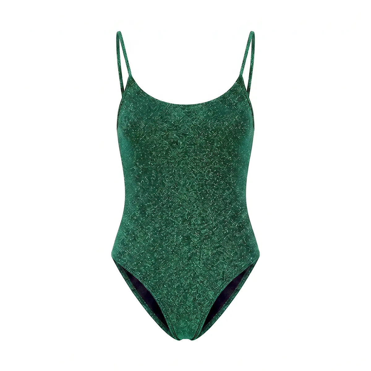 ALEX, body in lurex verde con scollo rotondo e spalline sottili.