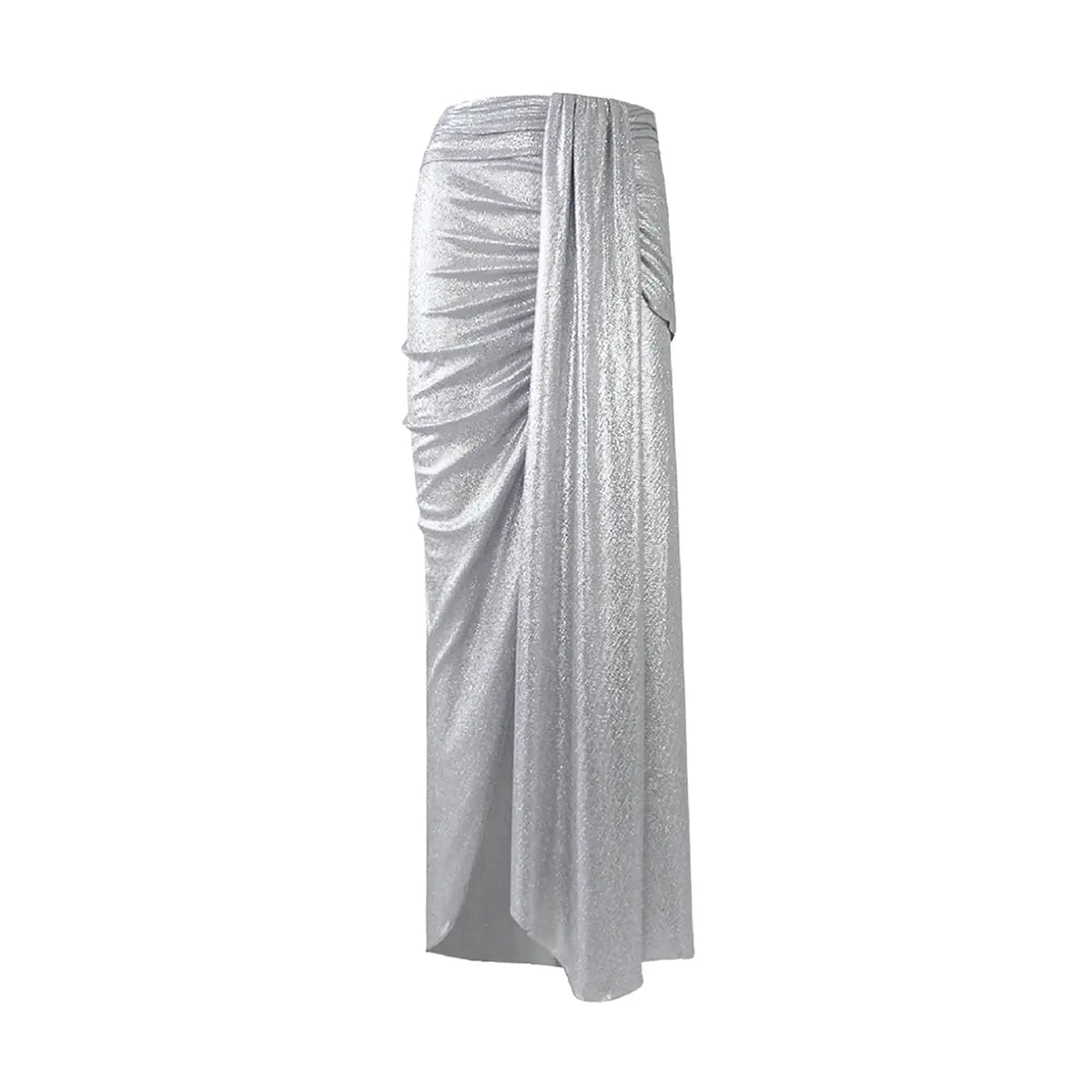 AMANDA, gonna lunga con spacco in lurex argento, drappeggio sul fianco.