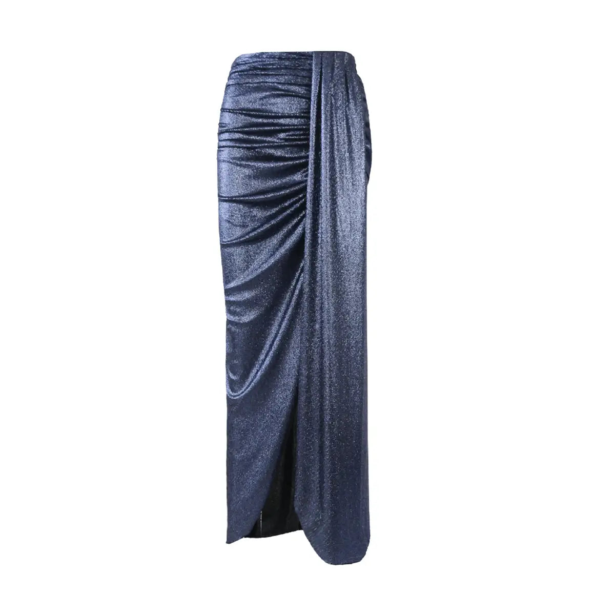 AMANDA, gonna lunga con spacco in lurex blu, drappeggio sul fianco.