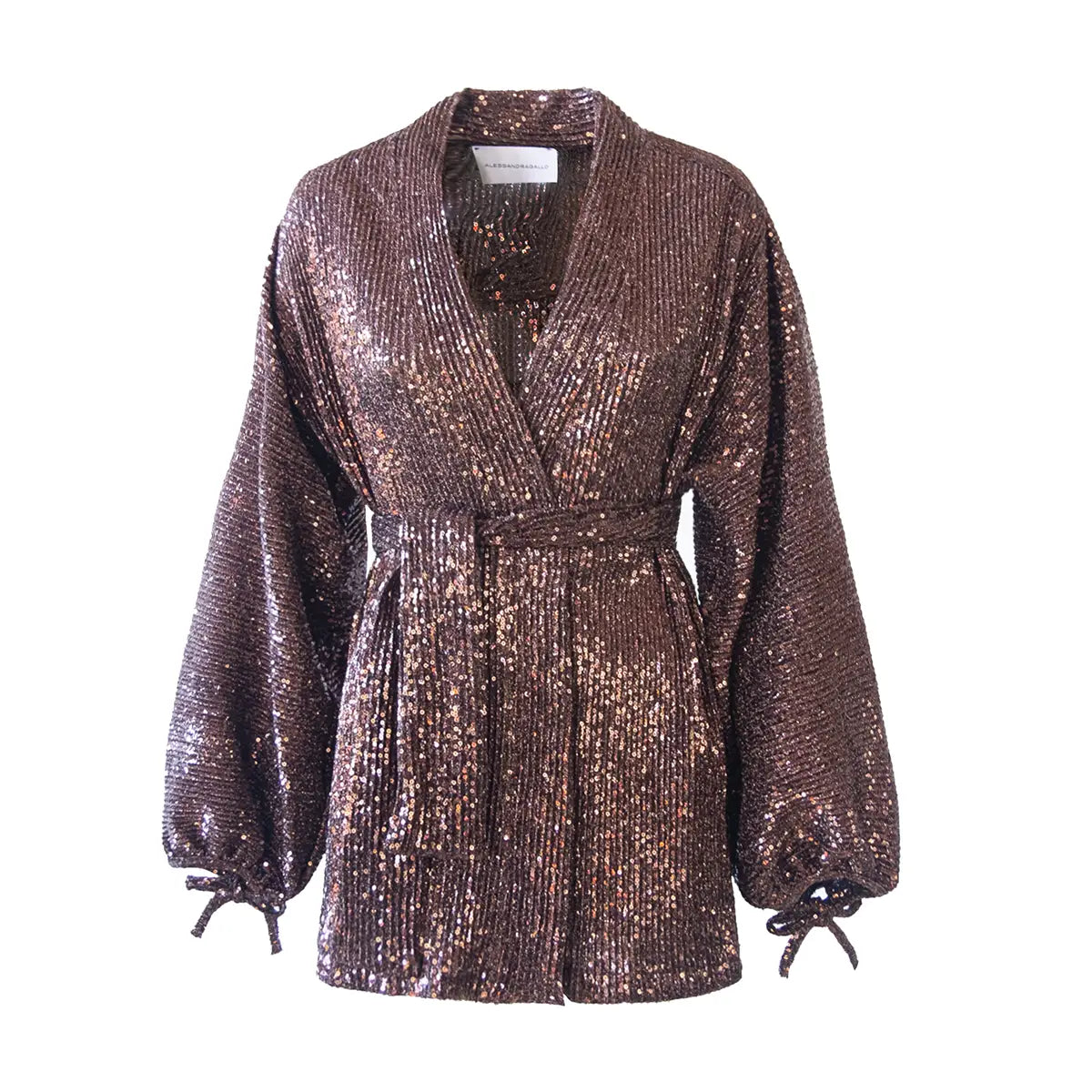 Blusa a portafoglio AMELIA di Alessandra Gallo in  paillettes marrone con cintura in vita, scollo V e maniche ampie - vista frontale - The Light Collection