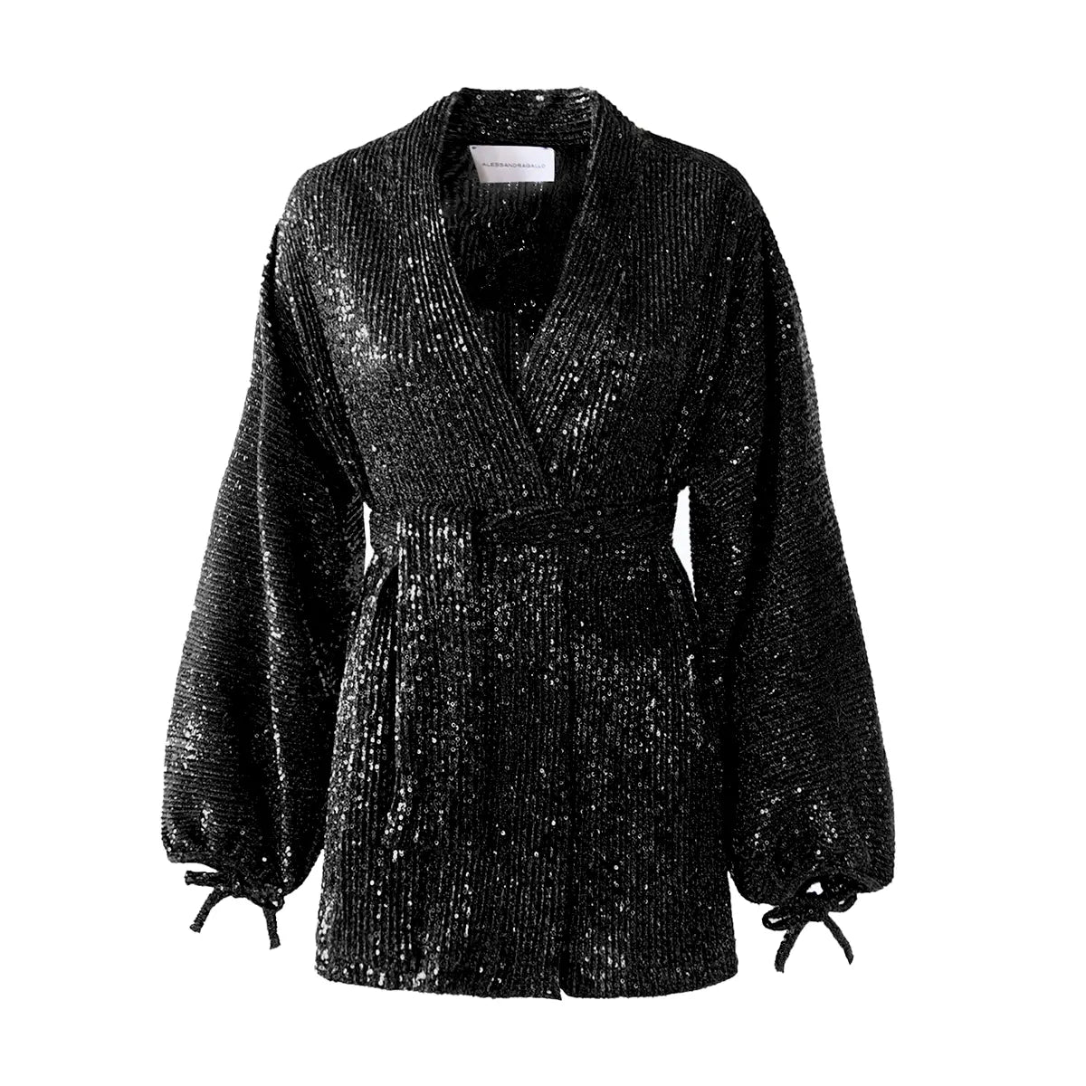Blusa a portafoglio AMELIA di Alessandra Gallo in  paillettes nera con cintura in vita, scollo V e maniche ampie - vista frontale - The Light Collection