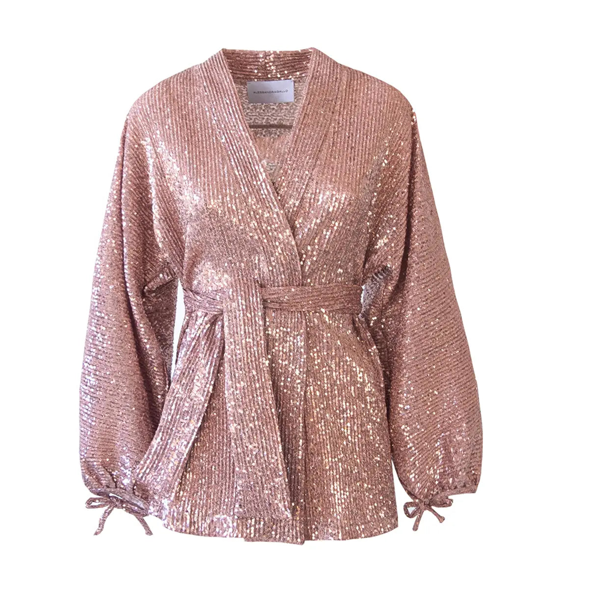Blusa a portafoglio AMELIA di Alessandra Gallo in  paillettes rosa con cintura in vita, scollo V e maniche ampie - vista frontale - The Light Collection