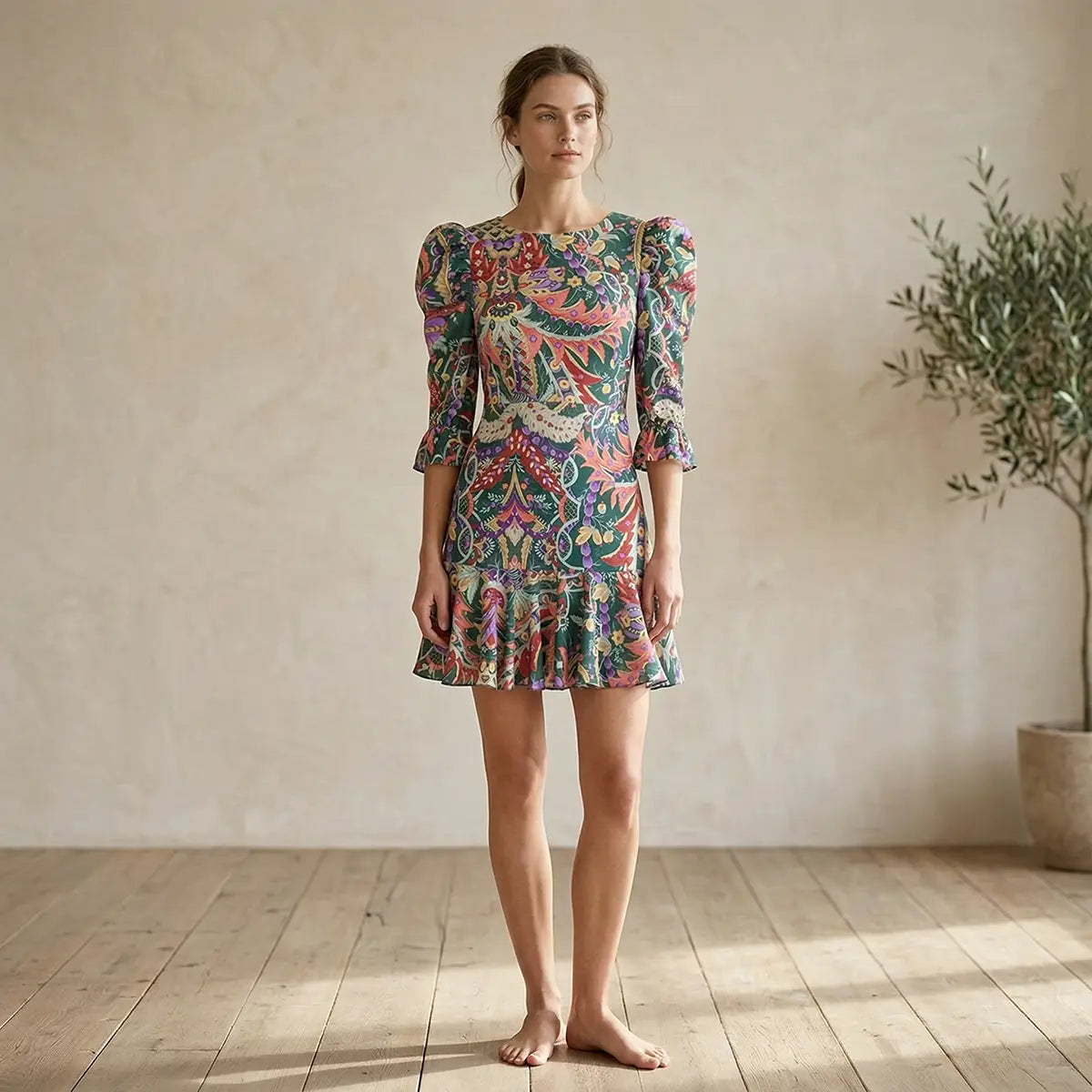 ANDREA, abito corto in cotone fantasia Pergola, su modella.