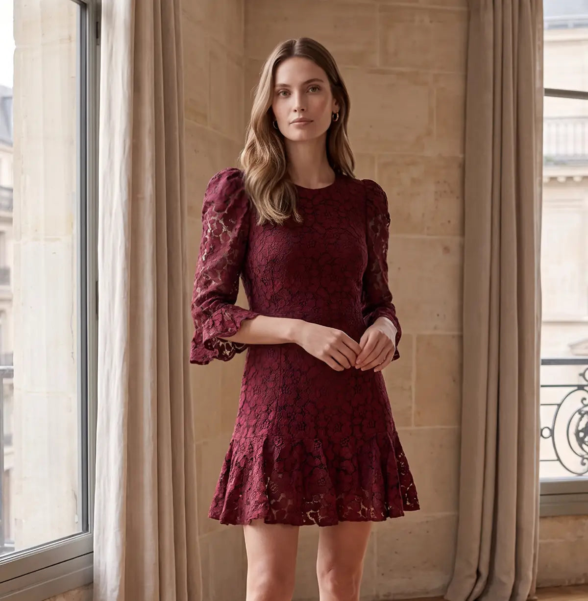 ANDREA, abito corto in pizzo bordeaux con maniche a sbuffo e volant al fondo, su modella.