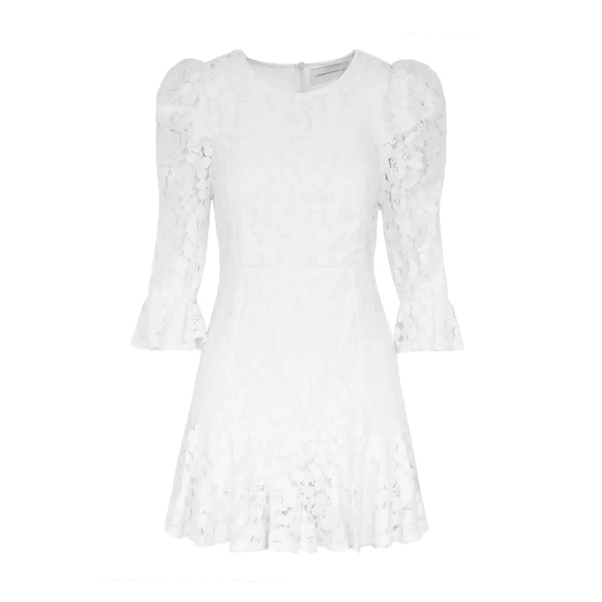Abito corto ANDREA di Alessandra Gallo in pizzo bianco con girocollo e manica a 3/4 a sbuffo - vista frontale - The Dreamy Collection