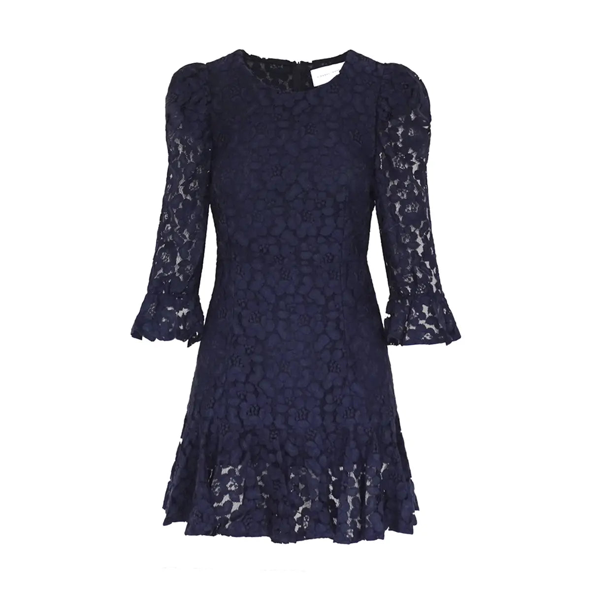 Abito corto ANDREA di Alessandra Gallo in pizzo blu con girocollo e manica a 3/4 a sbuffo - vista frontale - The Dreamy Collection