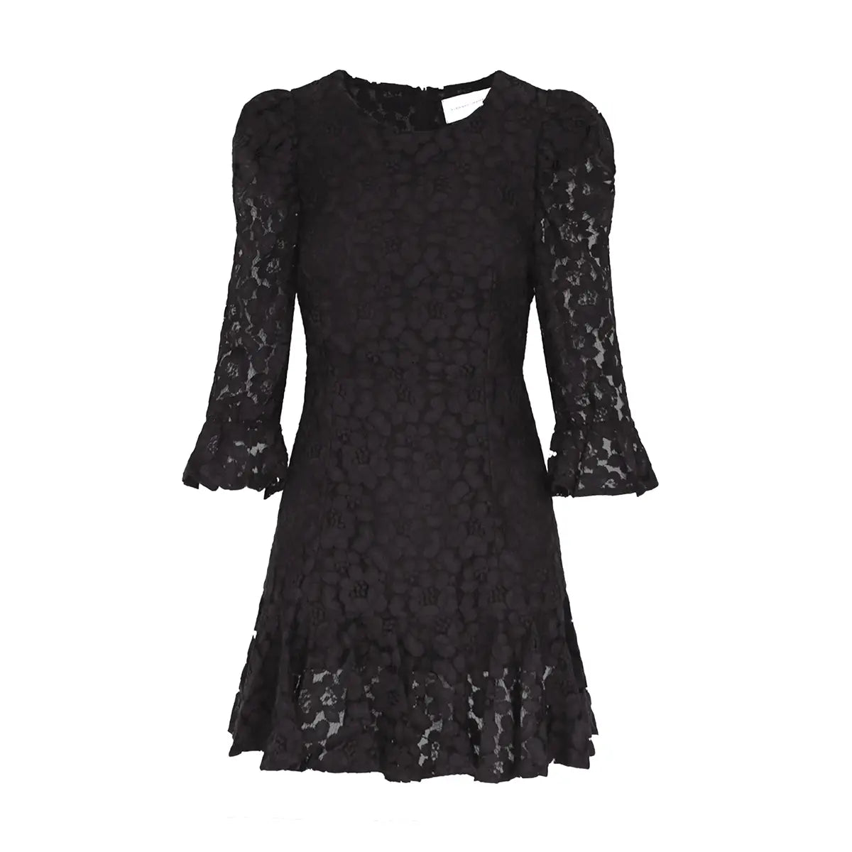 Abito corto ANDREA di Alessandra Gallo in pizzo nero con girocollo e manica a 3/4 a sbuffo - vista frontale - The Dreamy Collection