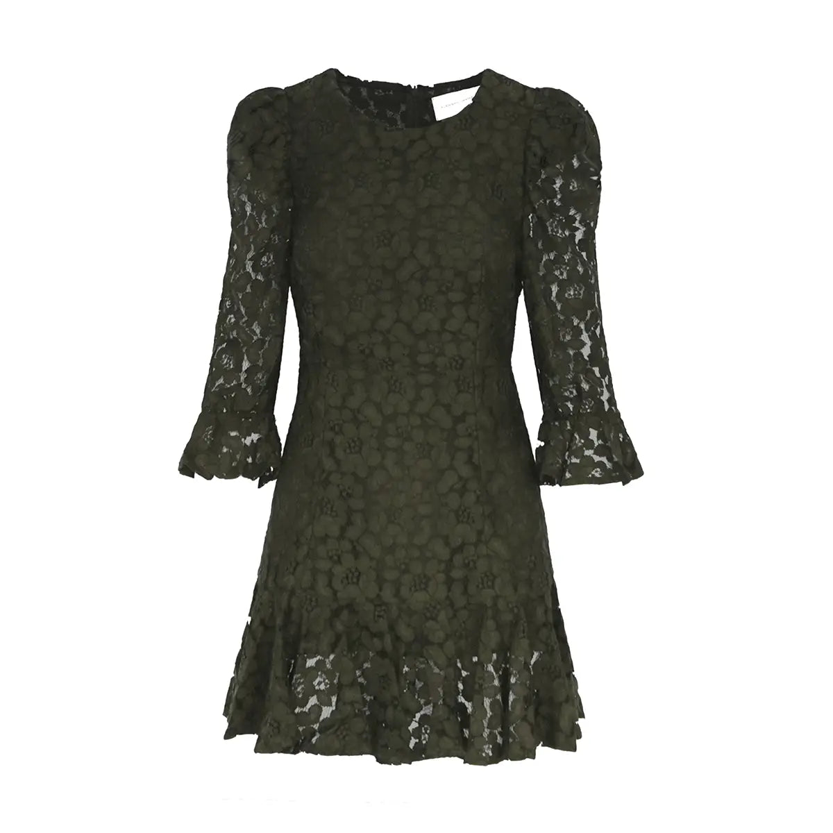 Abito corto ANDREA di Alessandra Gallo in pizzo verde con girocollo e manica a 3/4 a sbuffo - vista frontale - The Dreamy Collection