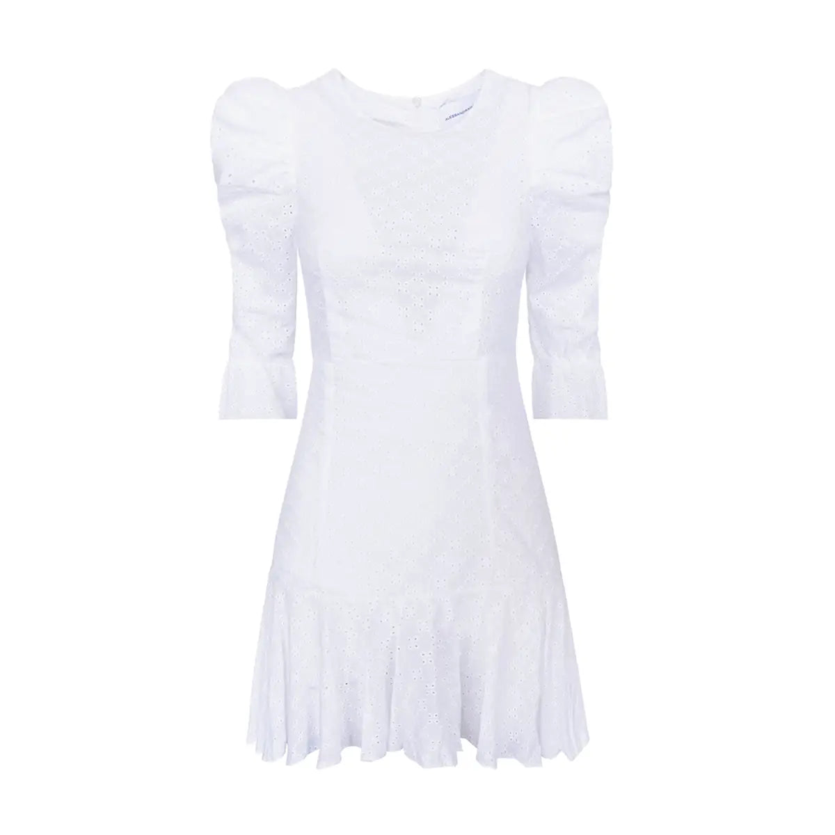 ANDREA abito corto di Alessandra Gallo con girocollo, maniche a 3/4 e volant in cotone Sangallo - Made in Italy -  Broderie Collection - vista frontale
