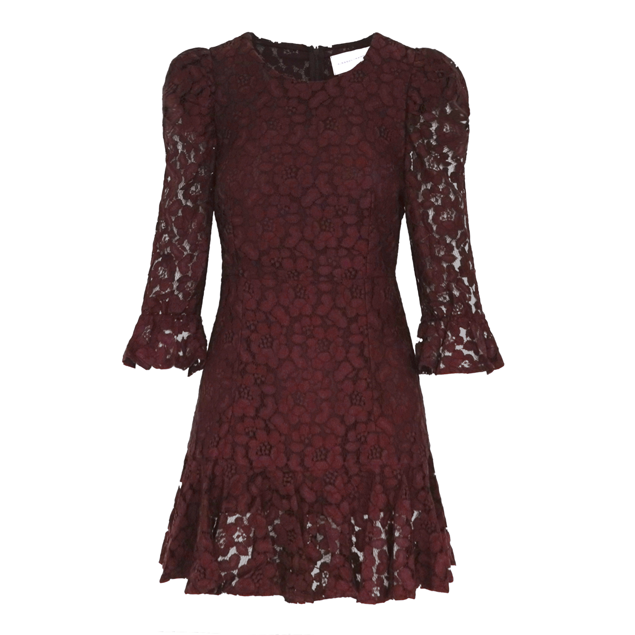 abito corto ANDREA di Alessandra Gallo in pizzo bordeaux con girocollo, manica a 3/4 a sbuffo  - vista frontale - The Dreamy Collection