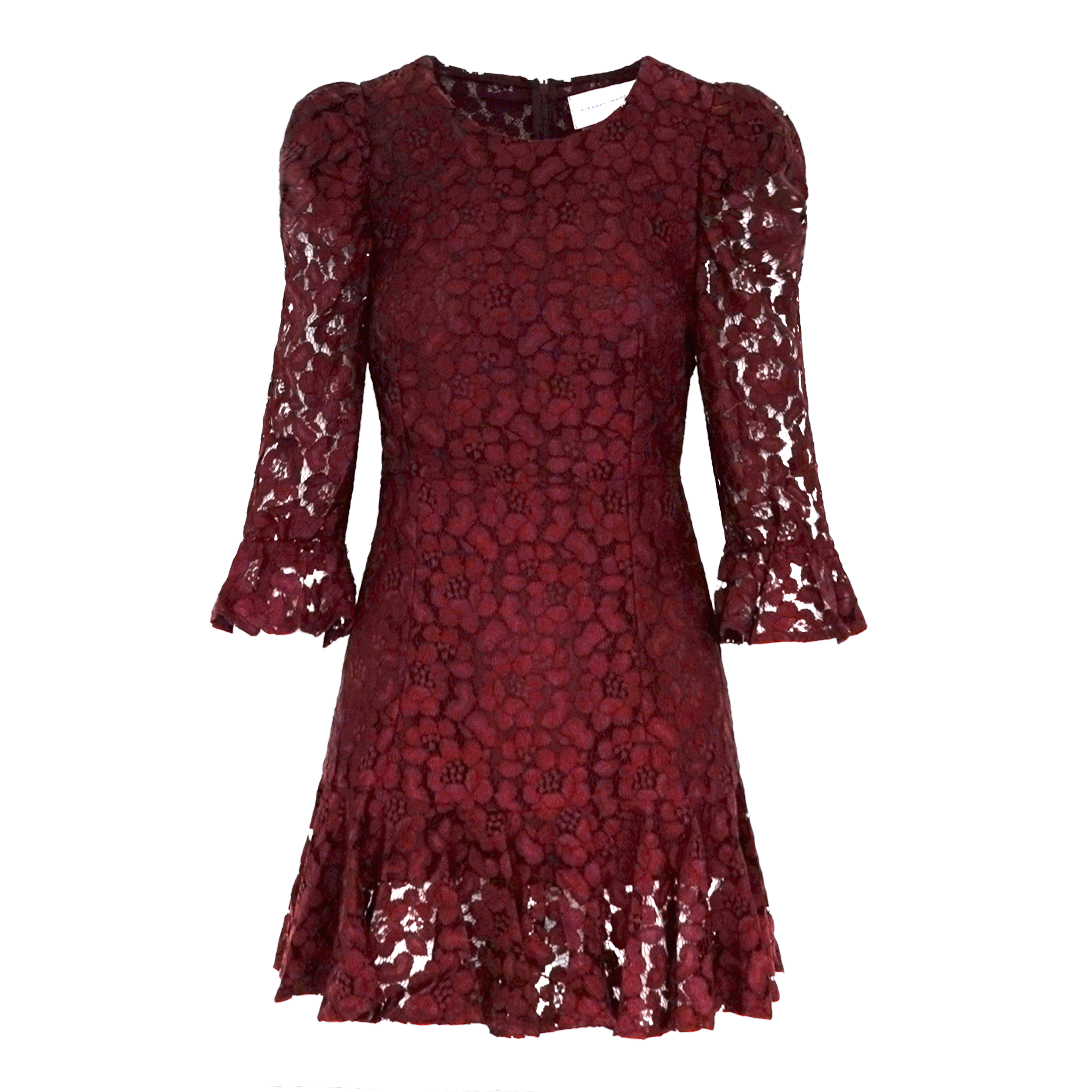 abito corto ANDREA di Alessandra Gallo in pizzo bordeaux con girocollo, manica a 3/4 a sbuffo  - vista frontale - The Dreamy Collection