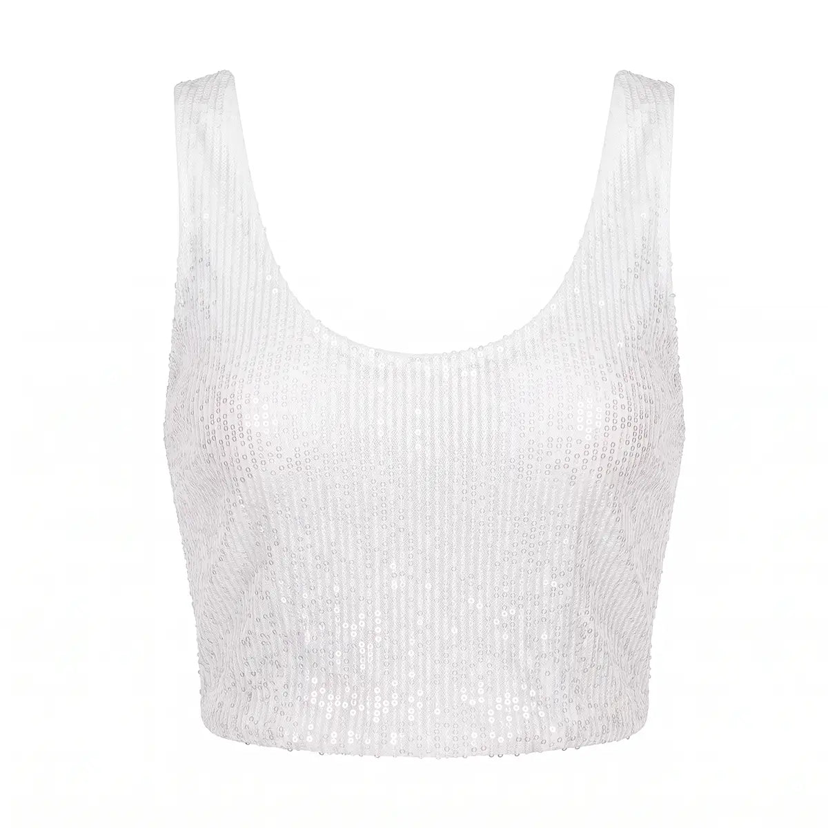 ANDROMEDA, crop top in paillettes bianche con scollo rotondo e spalle larghe.