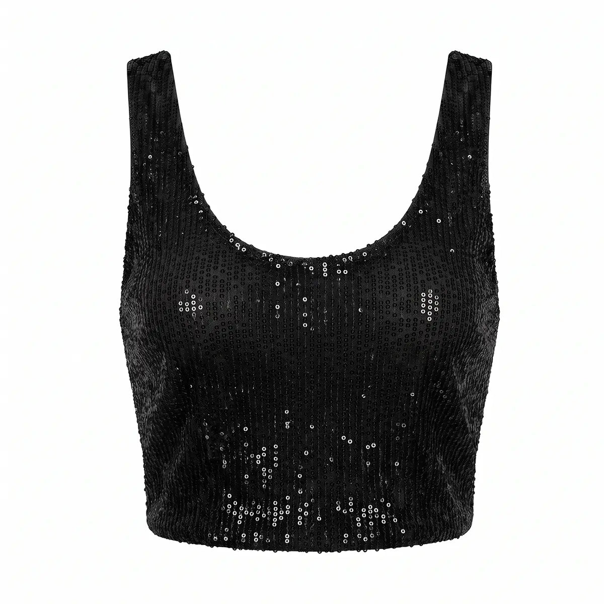 ANDROMEDA, crop top in paillettes nere con scollo rotondo e spalle larghe.