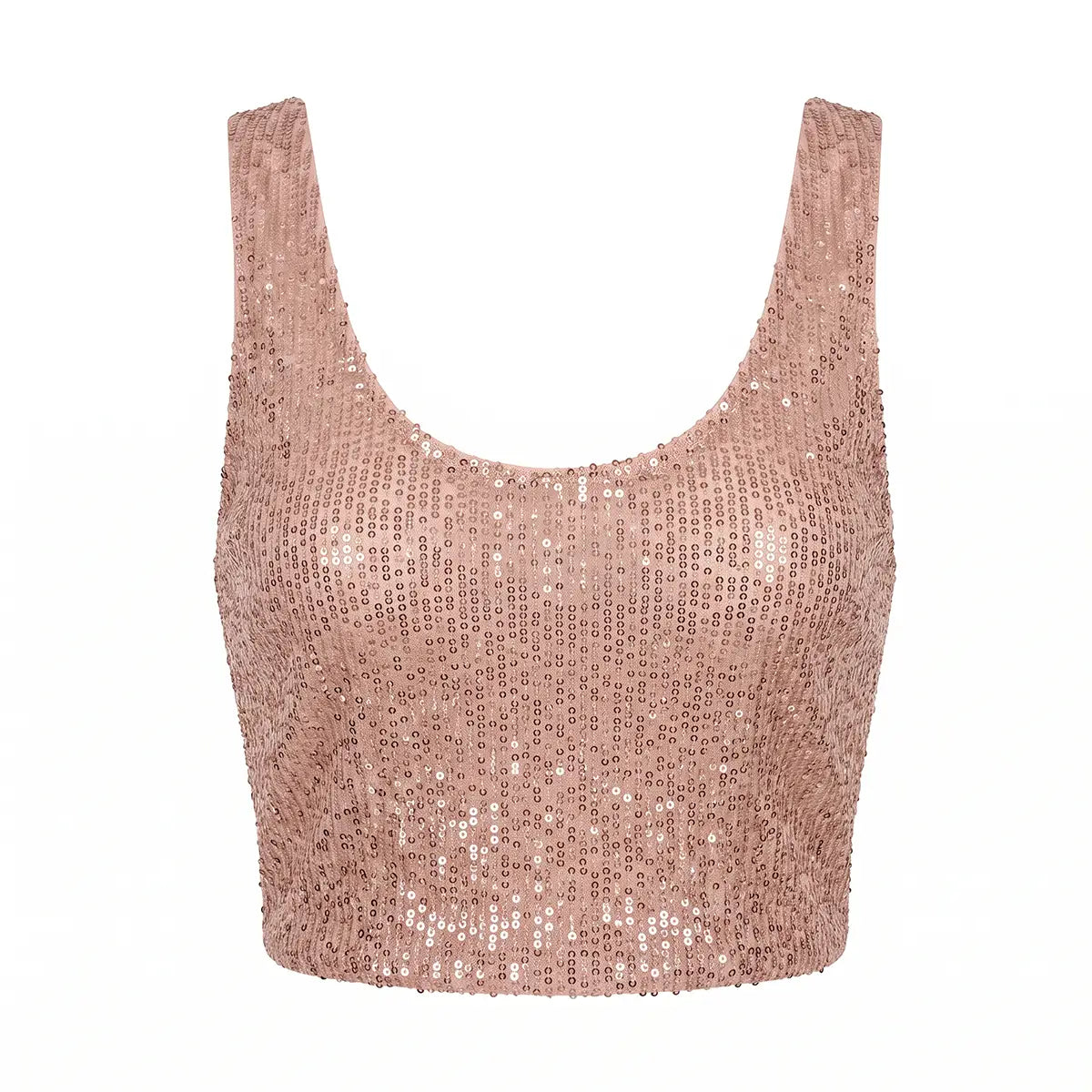 ANDROMEDA, crop top in paillettes rosa con scollo rotondo e spalle larghe.