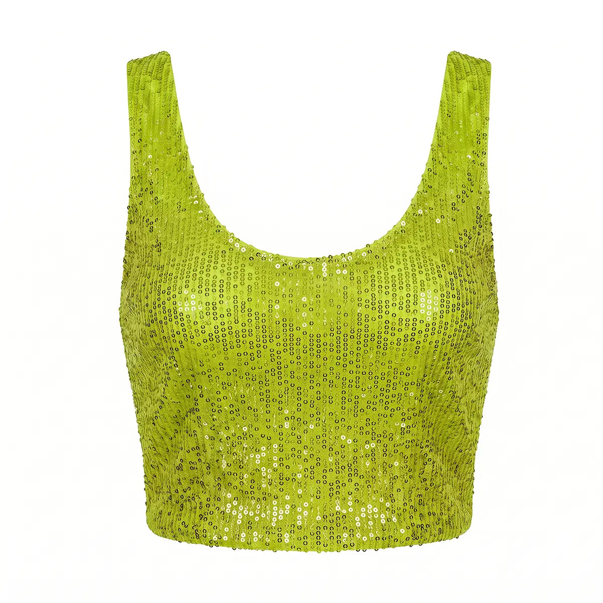 ANDROMEDA, crop top in paillettes verdi con scollo rotondo e spalle larghe.