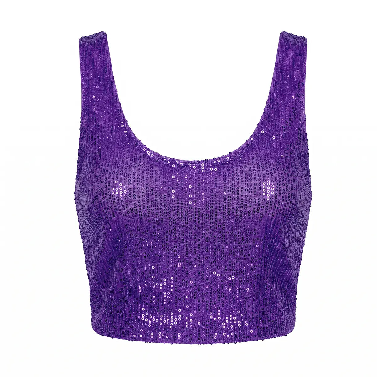 ANDROMEDA, crop top in paillettes viola con scollo rotondo e spalle larghe.