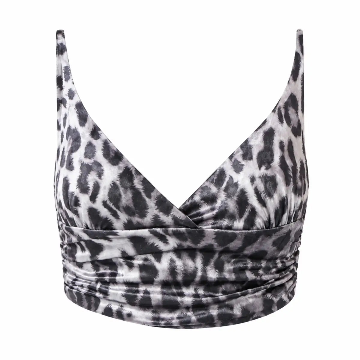 ARIEL, crop top in ciniglia martellata animalier grigio con scollo incrociato e drappeggio.