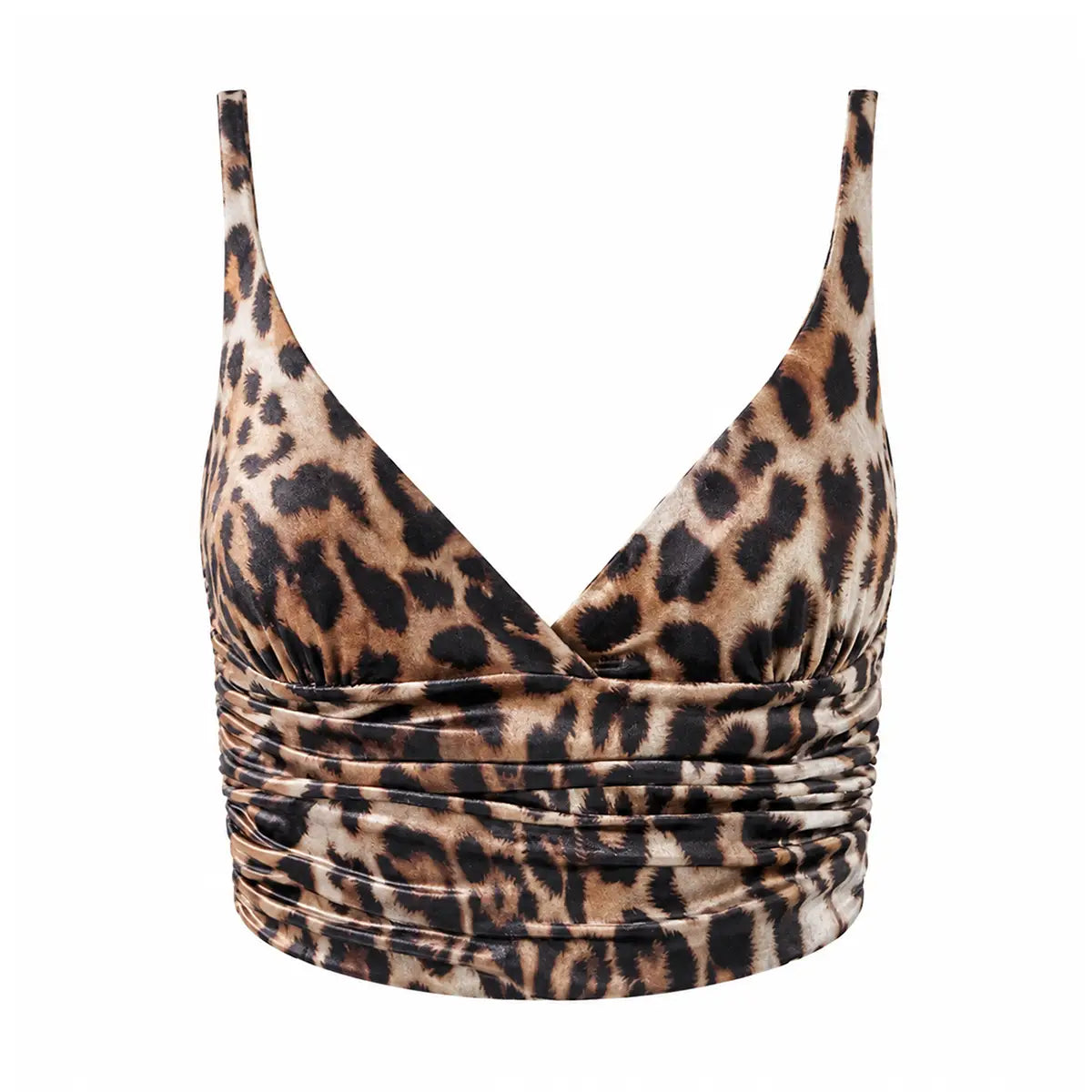 ARIEL, crop top in ciniglia martellata animalier marrone con scollo incrociato e drappeggio.