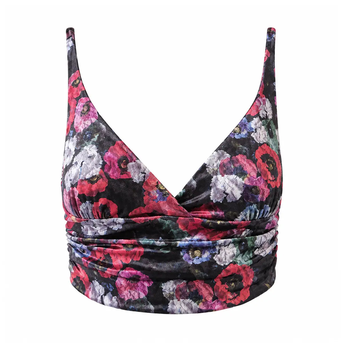 ARIEL, crop top in ciniglia martellata floreale con scollo incrociato e drappeggio.