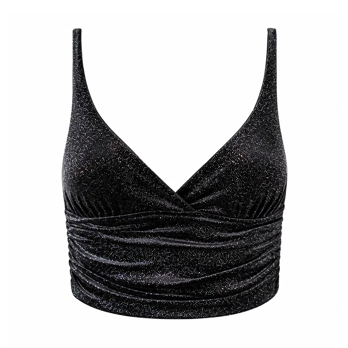 ARIEL, crop top in ciniglia sparkling nera con scollo incrociato e drappeggio.