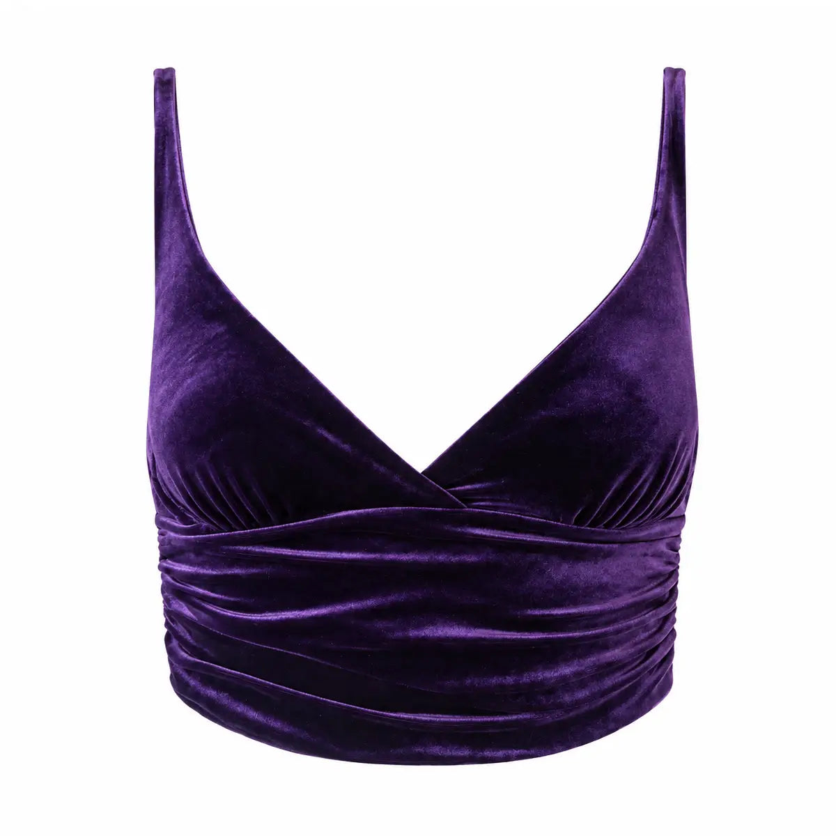 ARIEL, crop top in ciniglia viola con scollo incrociato e drappeggio.