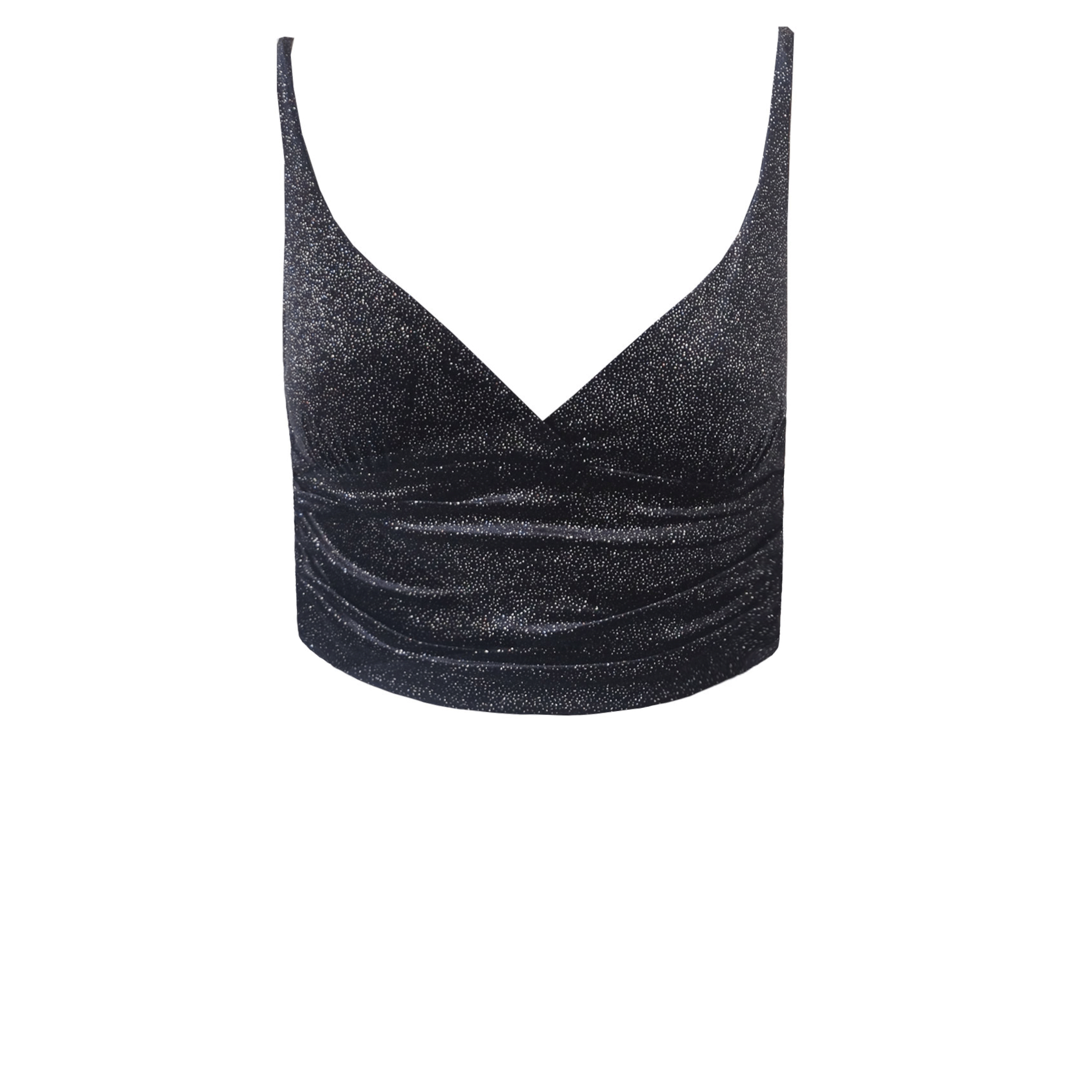 Top ARIEL di Alessandra Gallo in ciniglia sparkling nero - crop top, scollo cuore, spalline sottili - vista frontale - Day&Night Collection
