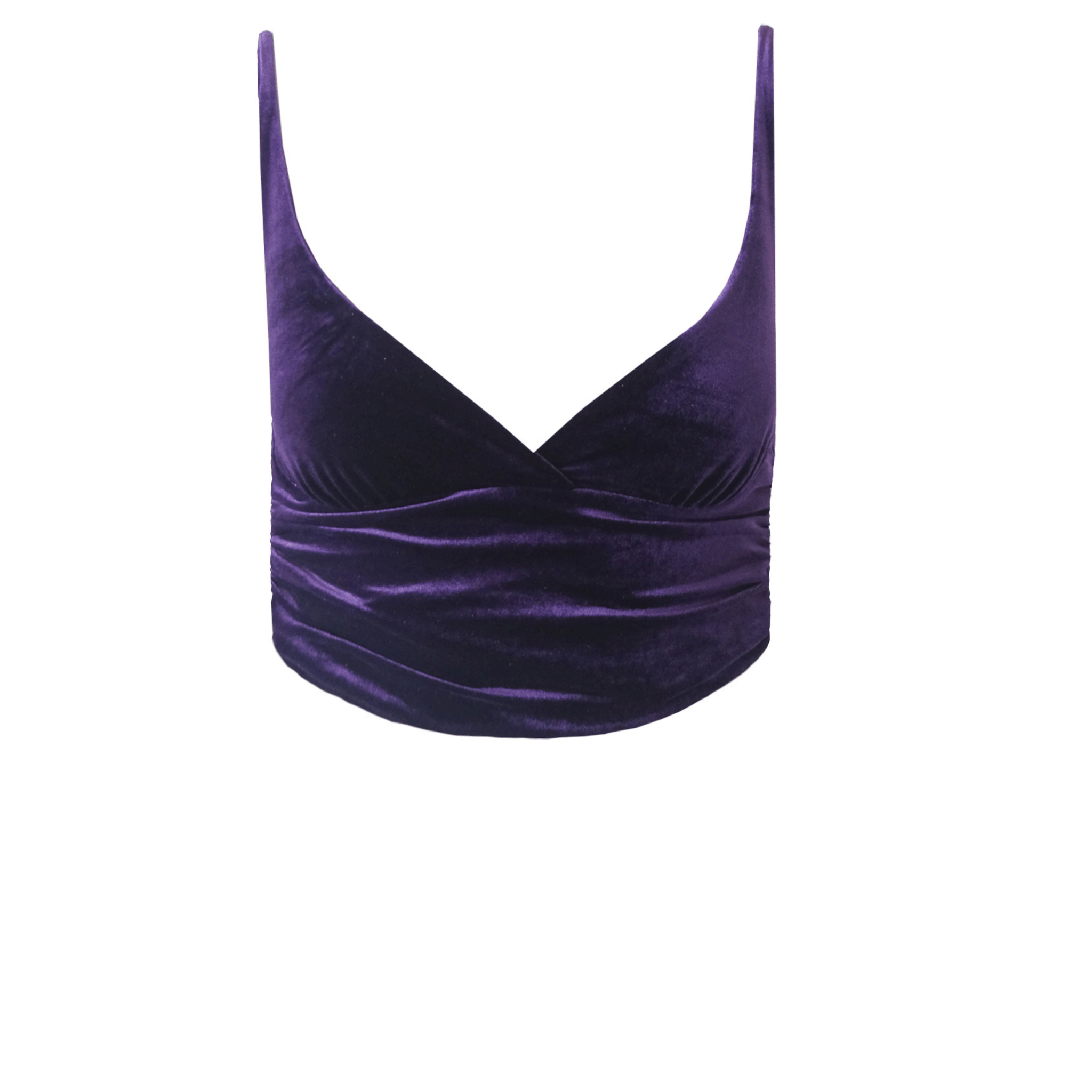 Top ARIEL di Alessandra Gallo in ciniglia viola - crop top, scollo cuore, spalline sottili - vista frontale - Day&Night Collection