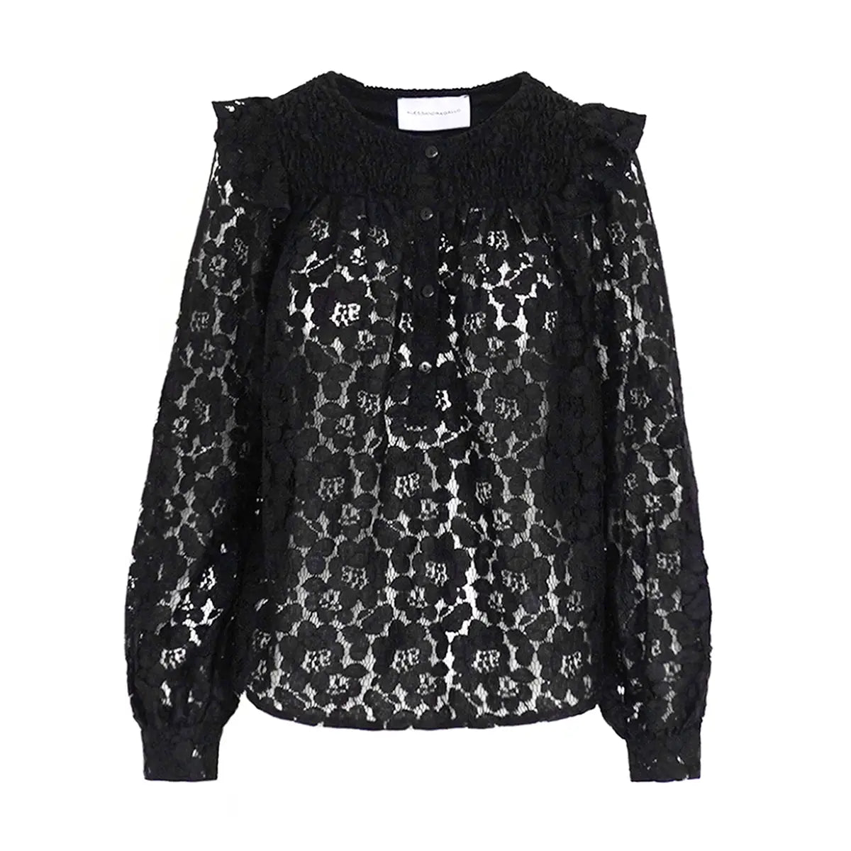 Camicia ARYA di Alessandra Gallo in pizzo nero con girocollo e maniche lunghe e rouge sulle spalle - vista frontale - The Dreamy Collection