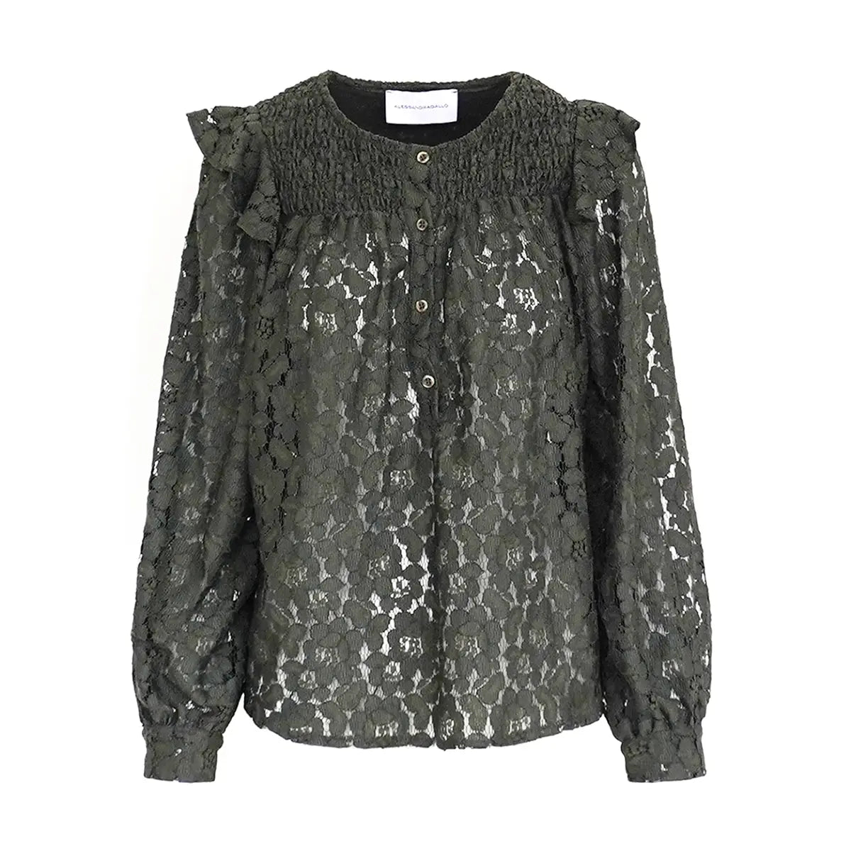 Camicia ARYA di Alessandra Gallo in pizzo verde con maniche lunghe, girocollo e rouge sulle spalle - vista frontale - The Dreamy Collection