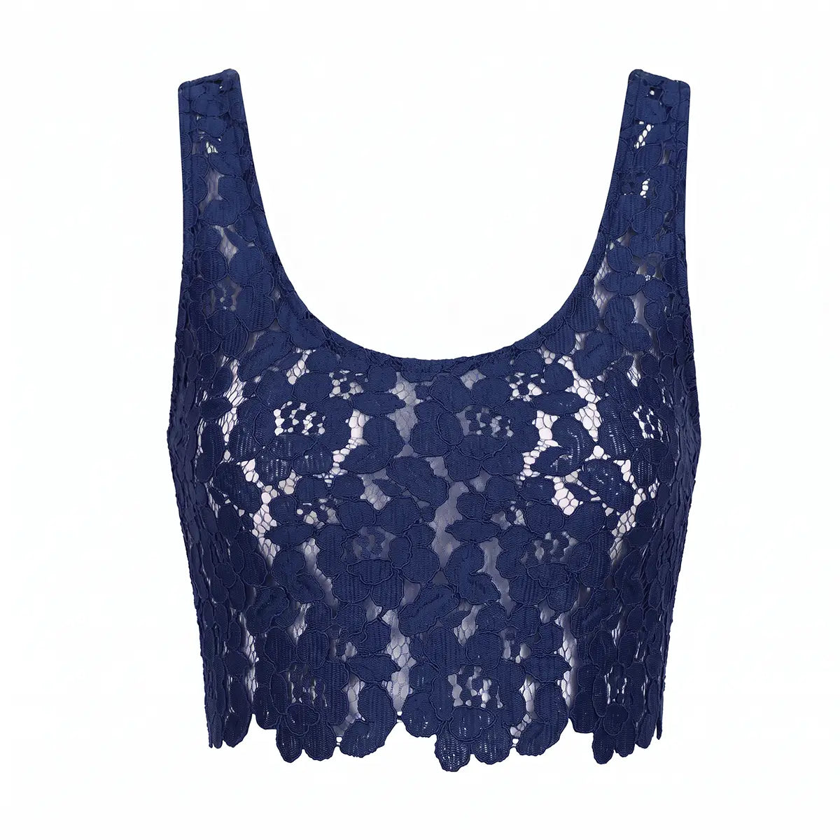 BELLA, top in pizzo blu con scollo rotondo e bordo smerlato.