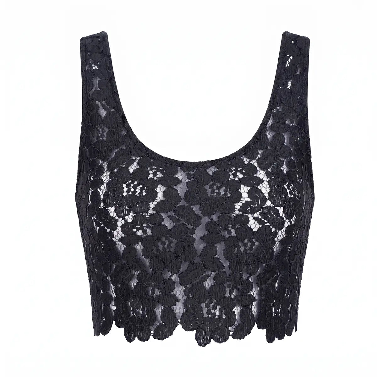 BELLA, top in pizzo nero con scollo rotondo e bordo smerlato.