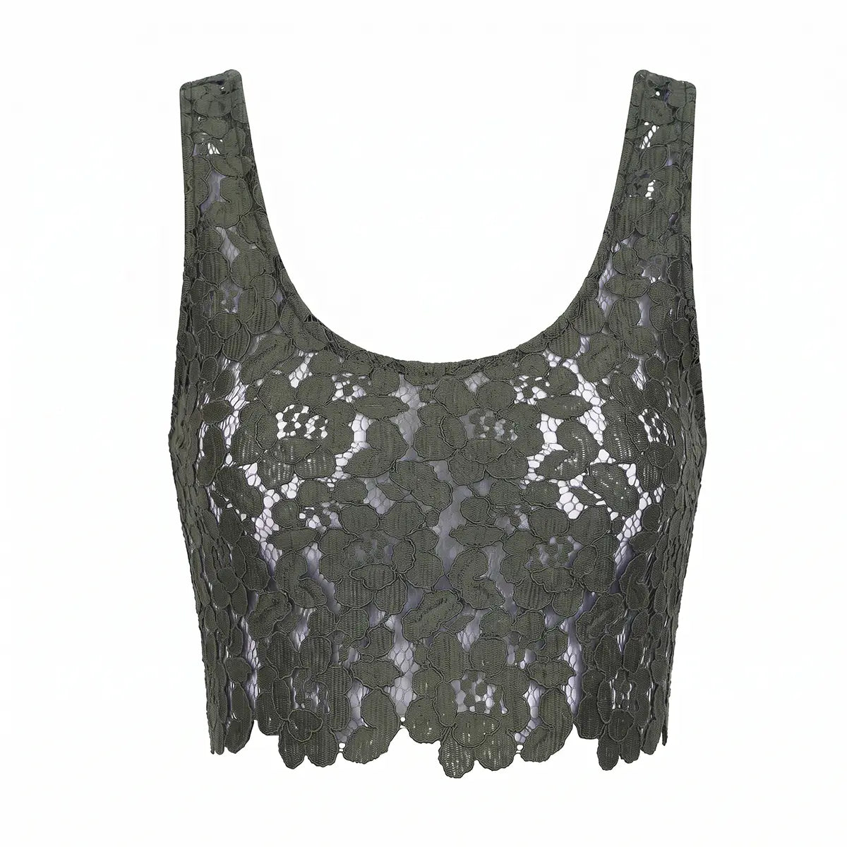 BELLA, top in pizzo verde con scollo rotondo e bordo smerlato.