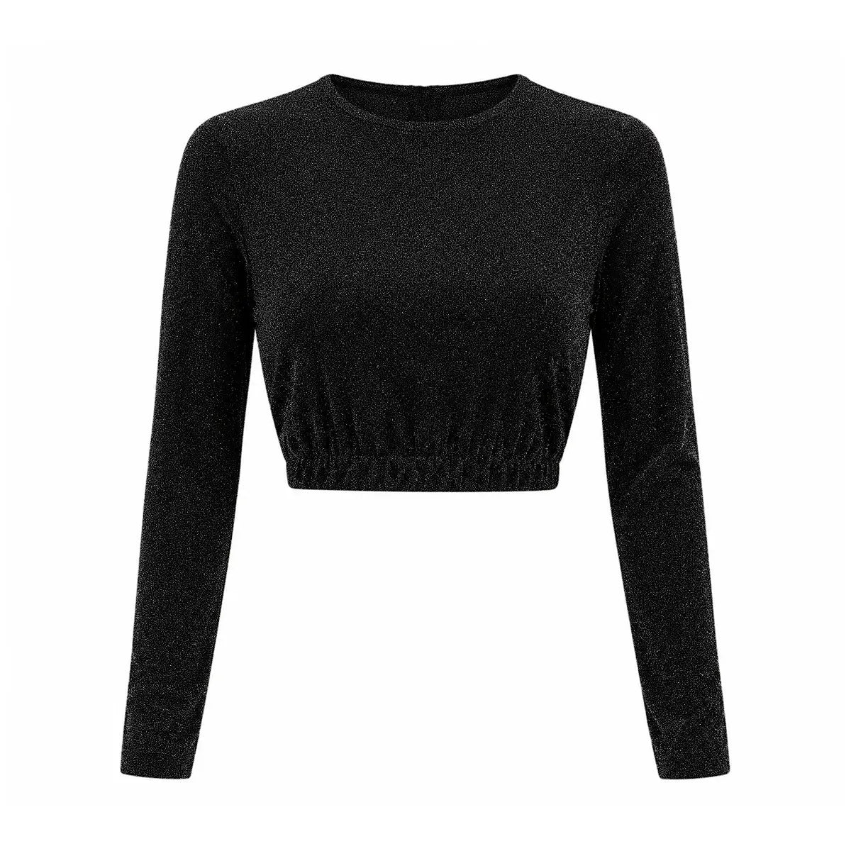 BICE, crop top in lurex nero con girocollo e maniche lunghe.