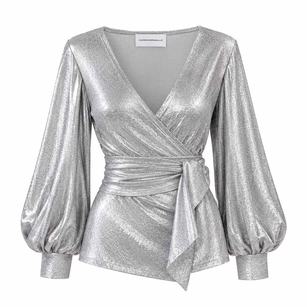 CLOE, blusa a portafoglio in lurex argento con scollo a V e maniche a palloncino.
