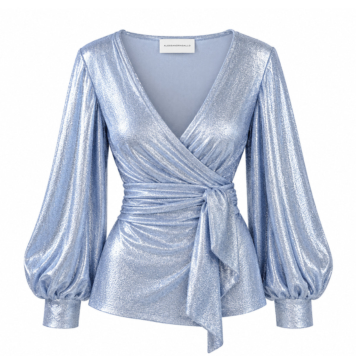 CLOE, blusa a portafoglio in lurex azzurro con scollo a V e maniche a palloncino.