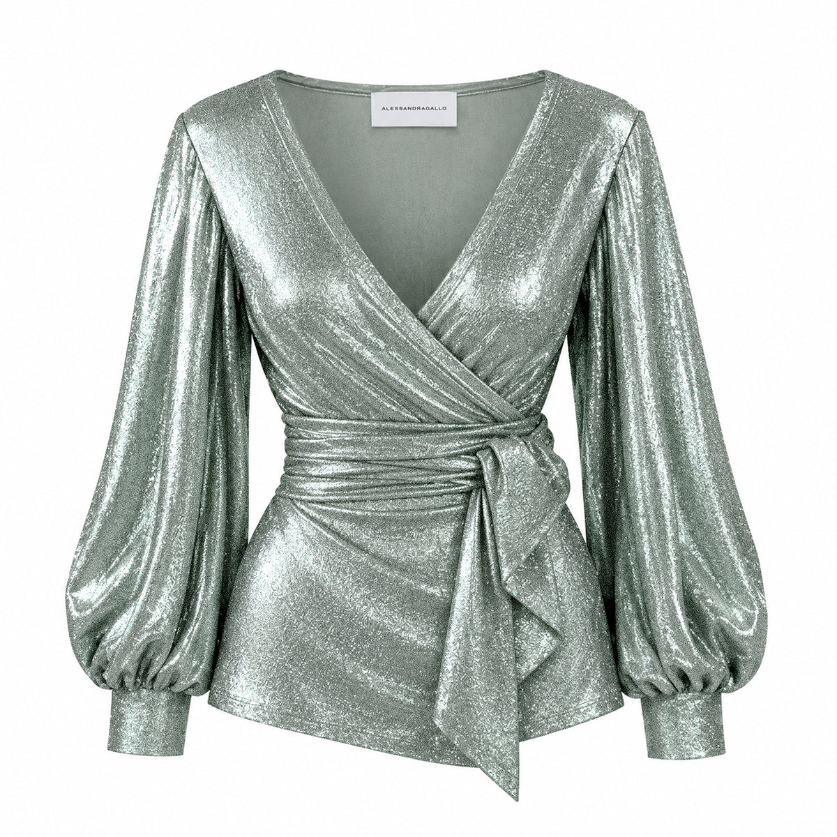 CLOE, blusa a portafoglio in lurex verde chiaro con scollo a V e maniche a palloncino.