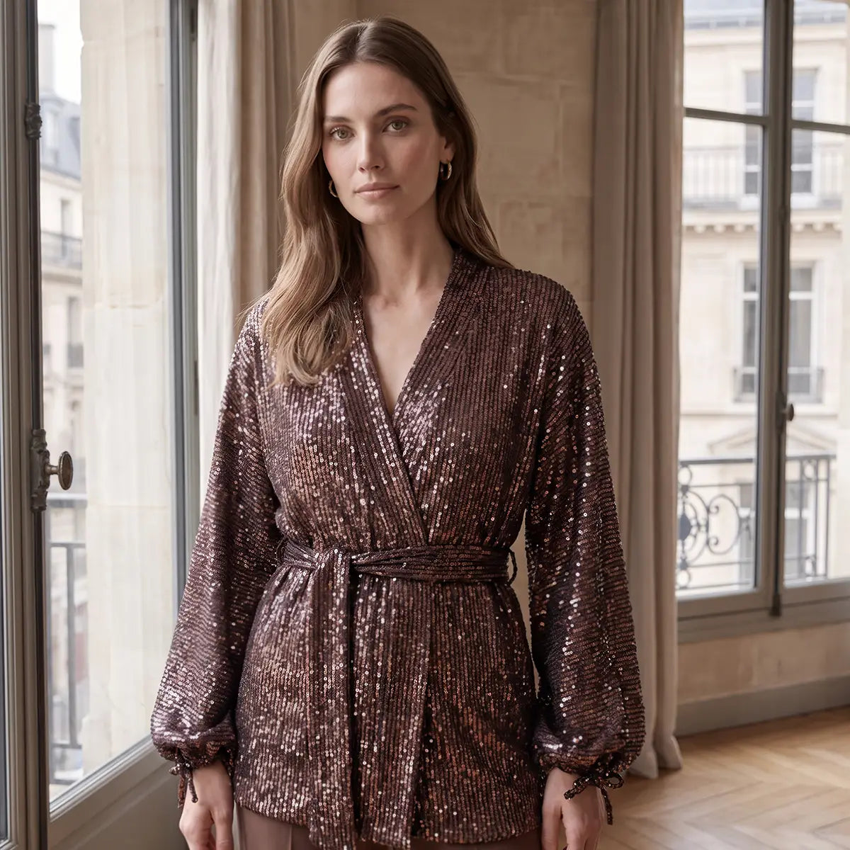 Blusa kimono donna in paillettes marroni AMELIA con cintura in vita indossata da modella – Alessandra Gallo