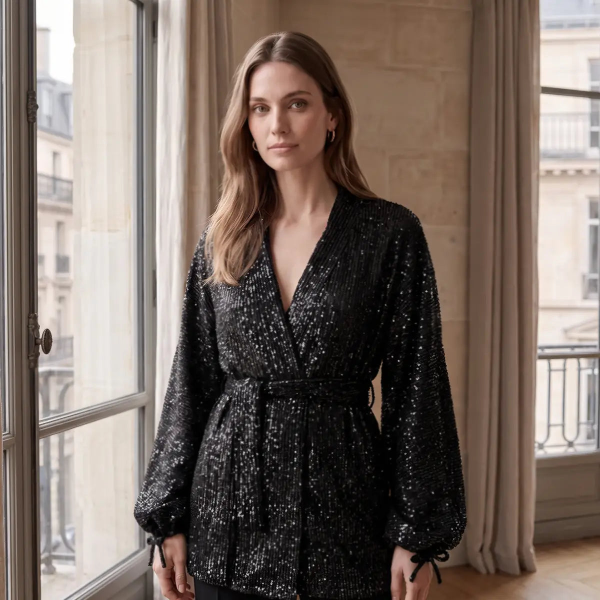 Blusa kimono donna in paillettes nera AMELIA con cintura in vita indossata da modella – Alessandra Gallo